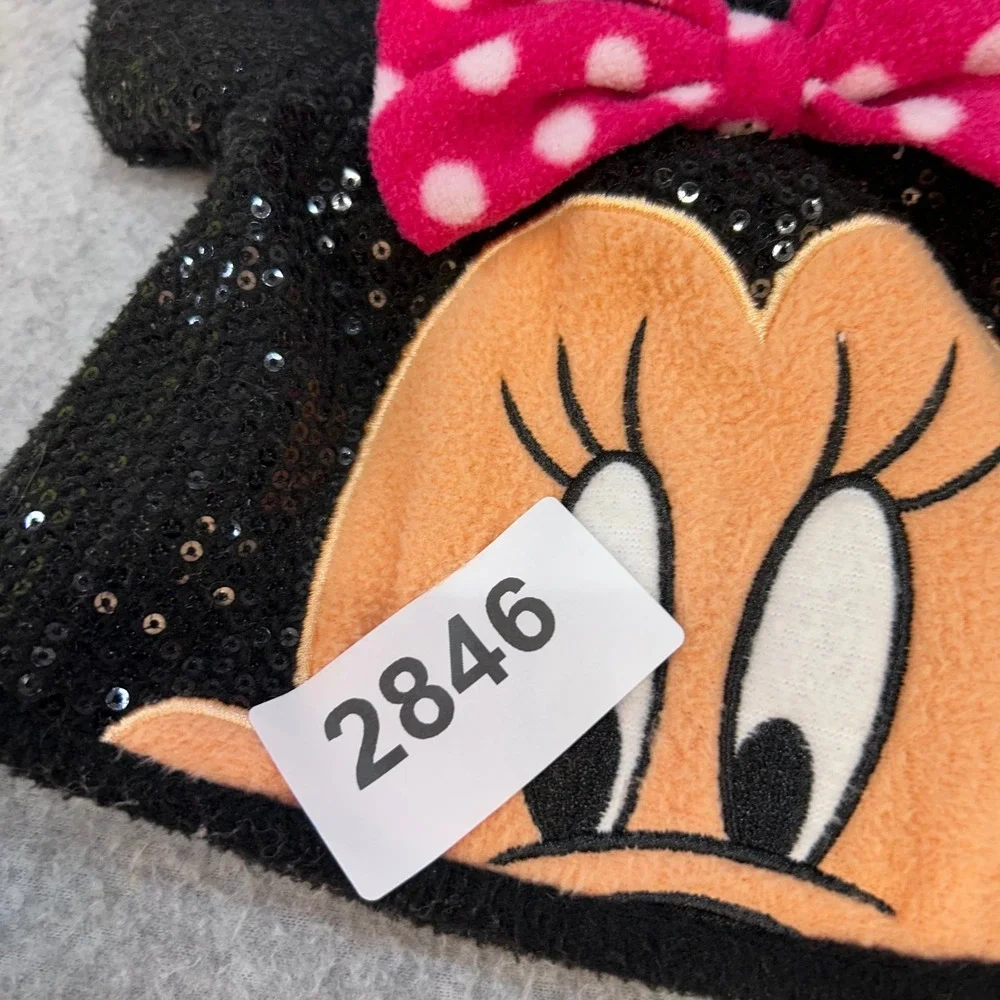 Minnie Mouse Face Kids Black Disney Beanie Sequin Ears Pink Bow OSFM